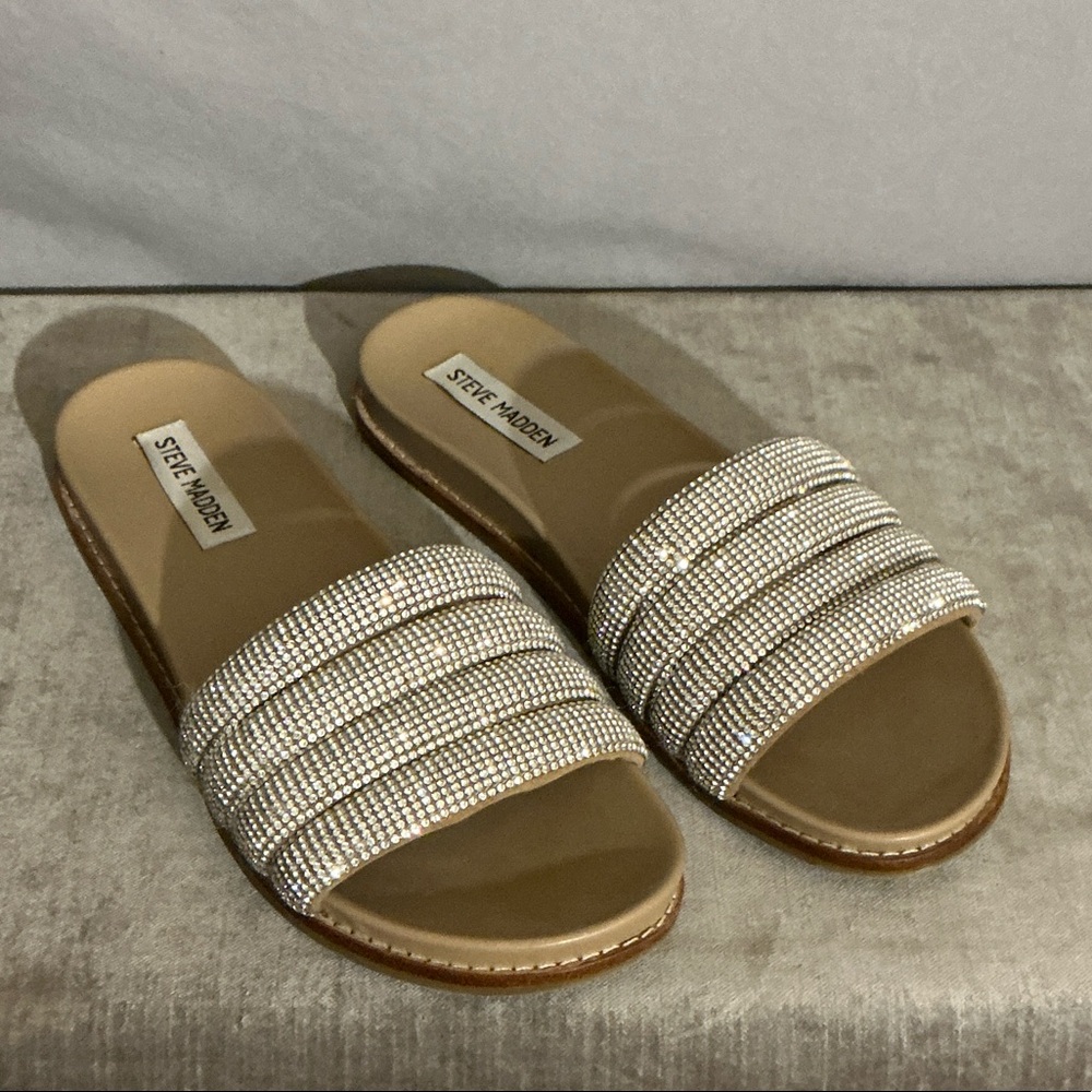 Steve Madden Tan Slide Sandals with Crystal Straps